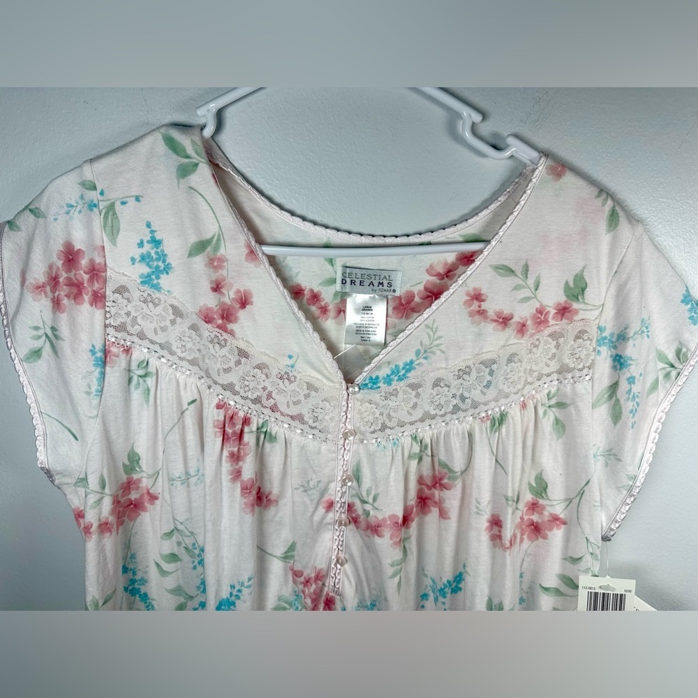 Women’s Celestrial Dreams  Floral Lace Nightgown Pink and Blue 100% Cotton Large - Picture 2 of 5